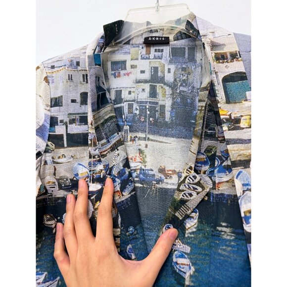 Akris Marina Grande Capri Port Print Cotton Shirt Top Blue Buildings Boats 6 - Picture 8 of 13